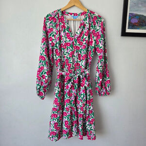 Draper James Long Sleeve Tiered Midi Dress Small Pink Floral Garden Office Work
